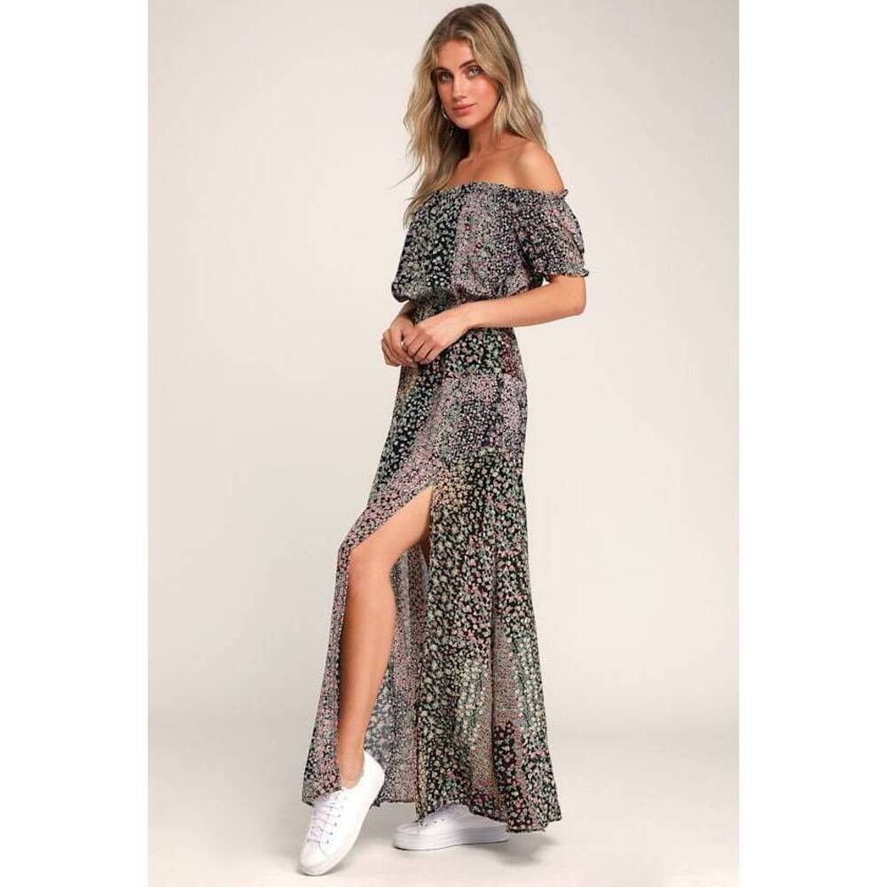 Lulus Neva Navy Blue Floral Print Off-the-shoulder Maxi Dress - Size S